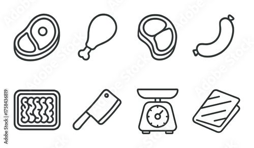 Monochrome icons of meat cuts and kitchen utensils on metallic background