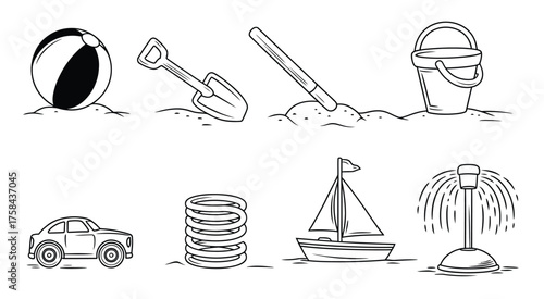 Vector line art illustration set beach toys and summer fun objects scalable eps silhouette