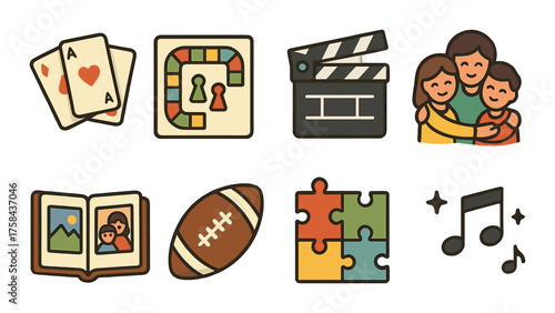 Family entertainment icons featuring games, music, and photography