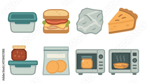 Glowing icons of food and storage items with containers and microwave
