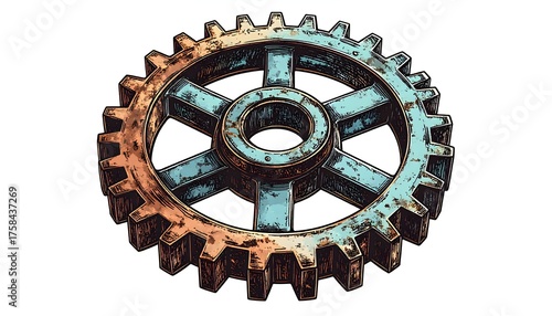 Rusty gear wheel with oxidized metal texture