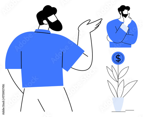 A man gesturing while brainstorming and another thinking beside a growing plant with a dollar sign. Ideal for finance, business strategy, investment, ideas, brainstorming, growth, innovation. Clean