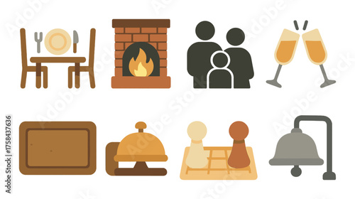 Cozy dining and social gathering icons featuring fireplace and games