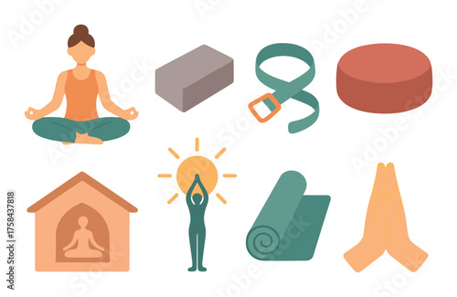 Yoga essentials collage: meditation, props, poses, and symbolism