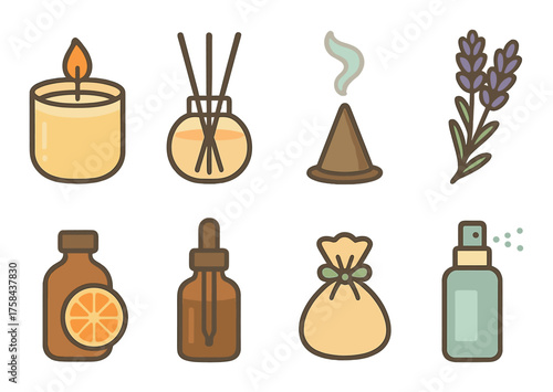 Aromatherapy icons: candle, diffuser, incense, lavender, citrus, oil, sachet, spray bottle