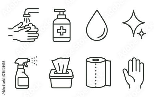 Hygiene icons: handwashing, soap, water, cleanliness, sanitizer, tissue, toilet paper, disinfection