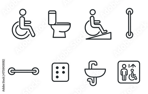 Accessible icons: wheelchair, toilet, ramp, grab bars, dice, sink, elevator sign