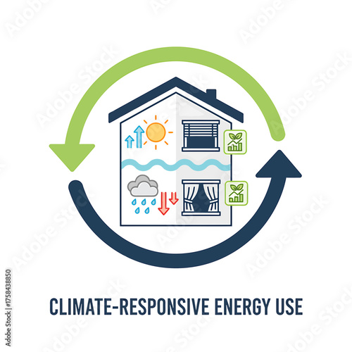 Vector 2D flat icon of house adapting to weather, climate-responsive energy use