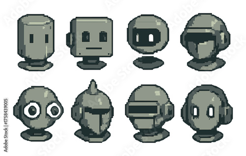 Retro pixel art robot heads collection on yellow background