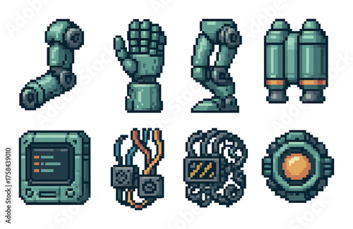 Pixel art robotics: mechanical arm, hand, legs, and components on green background