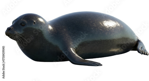 Seal lying down, side view, smooth wet skin, photo-realistic lighting, transparent background.