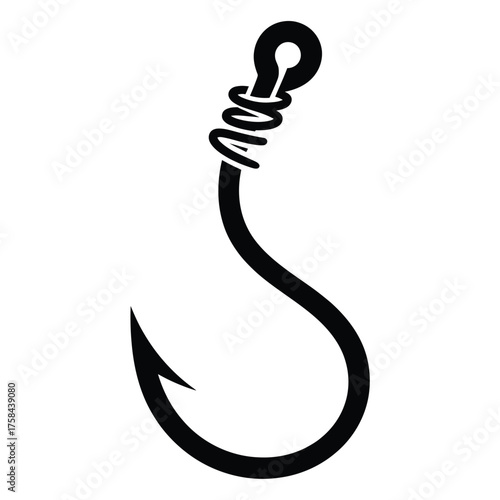 Simple black and white vector illustration of a fishing hook icon silhouette