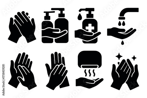 Silhouette icons of hand hygiene practices: washing, sanitizing, drying
