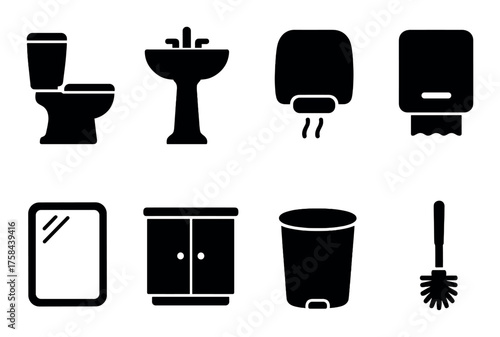 Silhouette icons of bathroom accessories including toilet and sink
