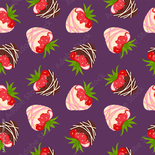 Seamless pattern with chocolate covered strawberry drizzled with white and pink stripe in flat style. Design for romantic dessert food package.