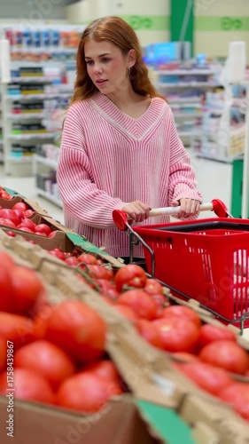 A beautiful girl selects fresh tomatoes in the organic section of a supermarket. A woman buys ripe vegetables at the store.