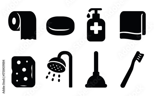Essential bathroom icons: soap, towel, toothbrush, shower, toilet paper, plunger, sponge