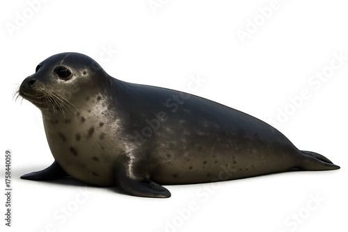 Seal lying down, side view, smooth wet skin, photo-realistic lighting, transparent background.