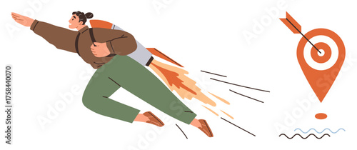 Person in motion using a jetpack to fly toward a target with an arrow indicating achievement. Ideal for ambition, progress, innovation, goal-setting, success, determination, teamwork. Simple flat