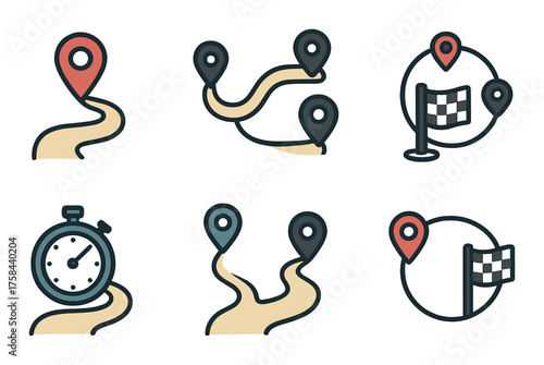 Set of vector navigation icons including routes and map pins