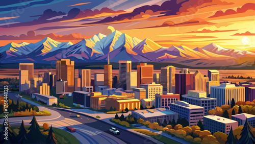 Very beautiful aerial view of downtown Anchorage, Alaska, USA, at sunset in spring, showing city buildings bathed in golden light, surrounding mountains, and reflective waterways, capturing the 