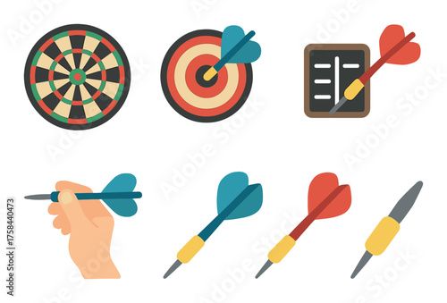 Colorful dartboard and darts icon set with hand throwing dart
