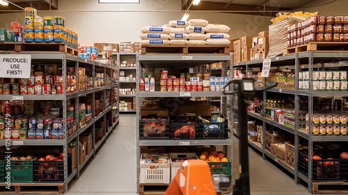 Wide aisle view of a warehouse pantry with shelves of canned goods and various non-perishables