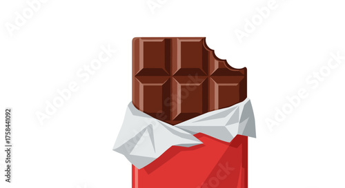 A delicious bar of dark chocolate with a bite taken out of it, wrapped in red foil and white paper.