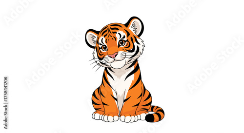 A cute baby tiger cub sitting down with big innocent eyes and black stripes on its orange fur.
