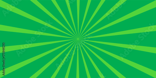 Pop art halftone background. Comic starburst pattern. Green sunburst effect. Cartoon banner with dots and rays. Vintage duotone texture. Vector illustration. Superhero banner. Gradient wow design.