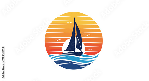 A serene sailboat navigates calm waters beneath a vibrant sunset.