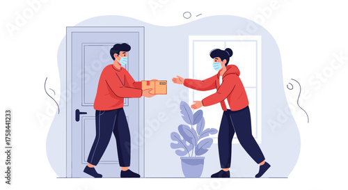 A delivery person hands a package to a customer at the door.