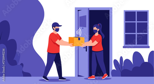 A delivery person hands a package to a person at their doorstep, both wearing masks.