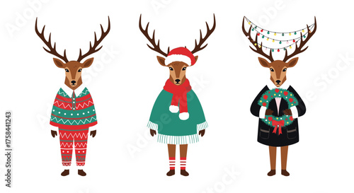 Three cute deer dressed in festive holiday sweaters and accessories for Christmas celebrations.