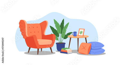 A cozy reading nook featuring an orange wingback chair a small side table with books and plants.