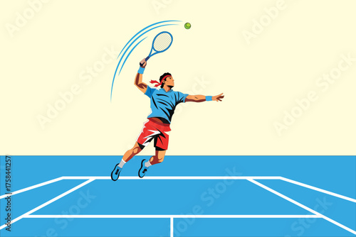 Flat illustration of a tennis player leaps to serve the ball on the court, showcasing athleticism and sportsmanship in action