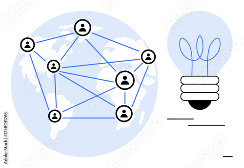 Network of connected people over the world map, alongside a lightbulb with leaf elements. Ideal for teamwork, communication, innovation, sustainability, global cooperation, creativity, and growth