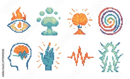 Pixel art symbols: fire eye, paw print, tree, spiral, brain, hand, heartbeat, human silhouette