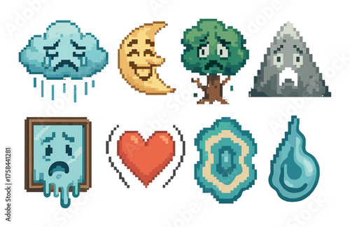 Pixel art emojis: sad cloud, happy moon, frowning tree, gray mountain, crying mirror, heart, concentric design, water drop