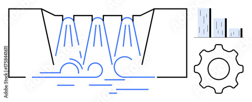 Flowing dam water symbolizing energy generation, bar chart for data and analytics, gear for engineering. Ideal for power generation, sustainability, data analysis, technology, engineering