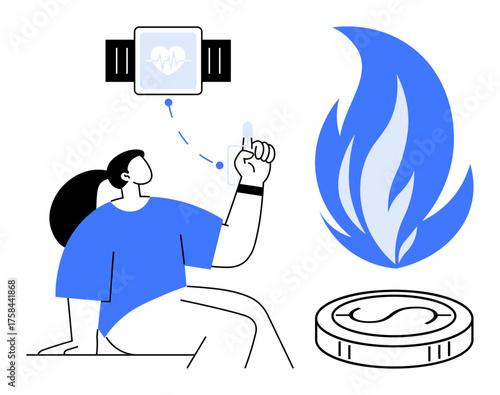 Woman checks health metrics through smartwatch with icons representing energy, economy, wellness, finance, health tracking, fitness, and technology. Ideal for modern life and simple flat metaphor