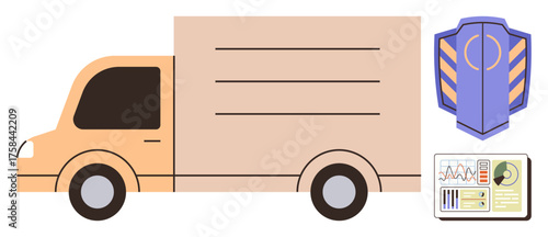 Orange delivery truck, security badge, and data sheet with graphs and map. Ideal for logistics, transportation, supply chain, safety, tracking technology, delivery services simple flat metaphor