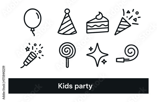Fun icons for kids party with balloon and cake celebrate joyful gatherings