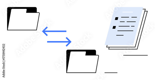 Exchange of files between folders highlighted with arrows, showing flow and document organization. Ideal for data management, file transfer, communication, information flow, organization, digital