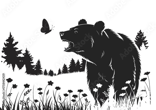 Ferocious black bear roaring in a wildflower meadow vector illustration silhouette
