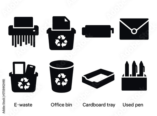 Recycling and office waste icons: e-waste, office bin, cardboard tray, used pen