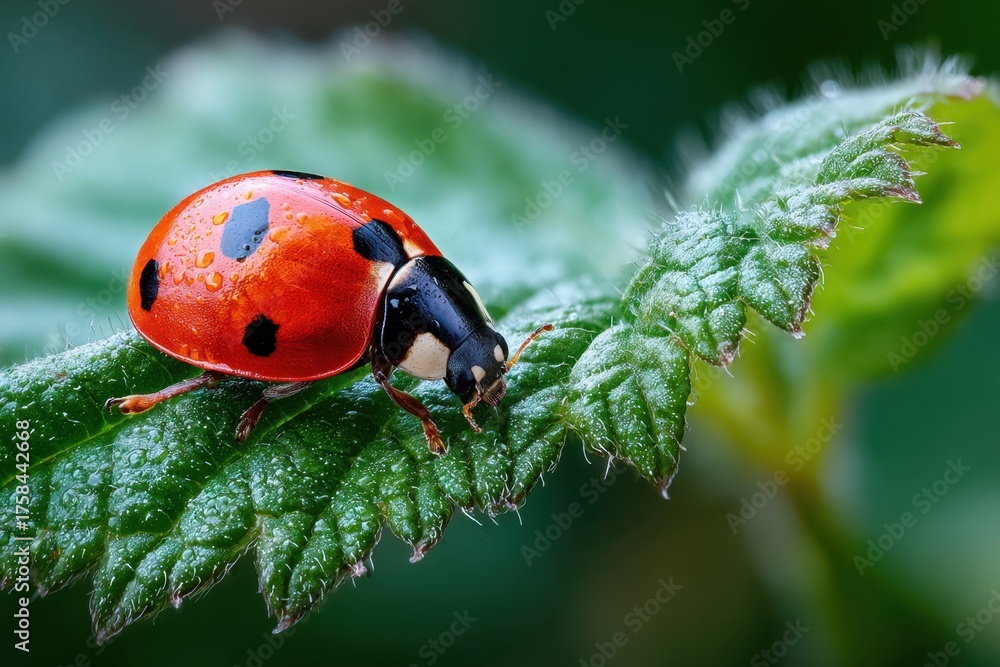 Obraz premium Ladybug with Water Droplets on Green Leaf