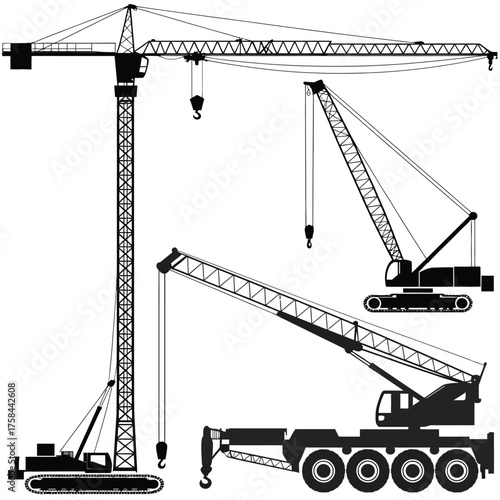 Detailed technical illustration of various construction cranes scalable vector eps graphics silhouette
