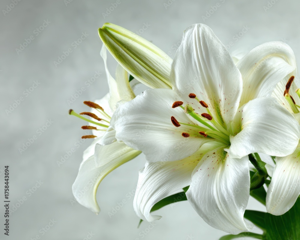 Obraz premium Funeral Announcement. White Lily Flowers with Copy Space for Memorial Service