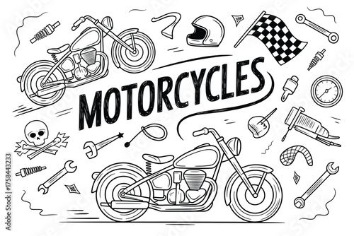 Scalable vector illustration of motorcycles and accessories hand-drawn style eps icon for general use silhouette